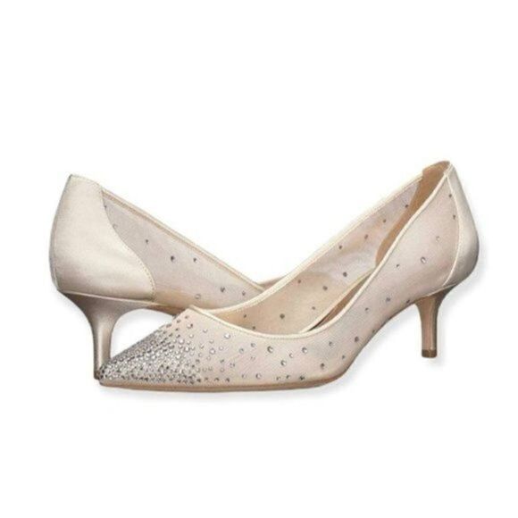 XYD Women Mid Kitten Heels Pumps Rhinestones Mesh Slip On Pointed Toe Evening Dr - Picture 2 of 7